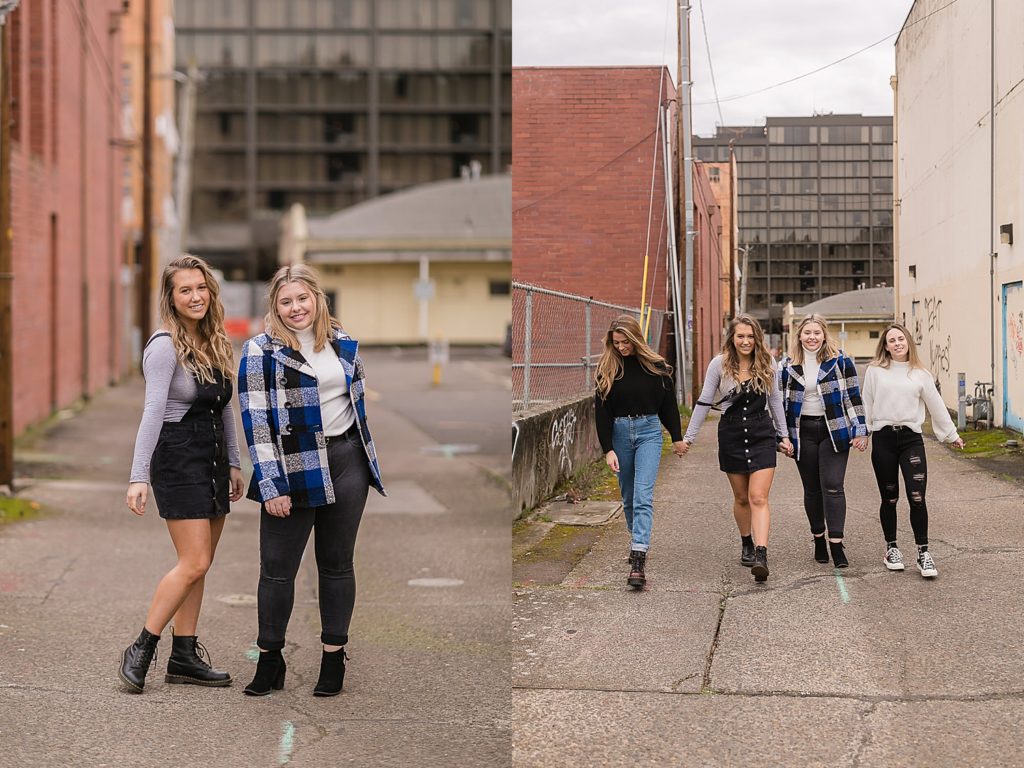 Senior girls walking around the city.